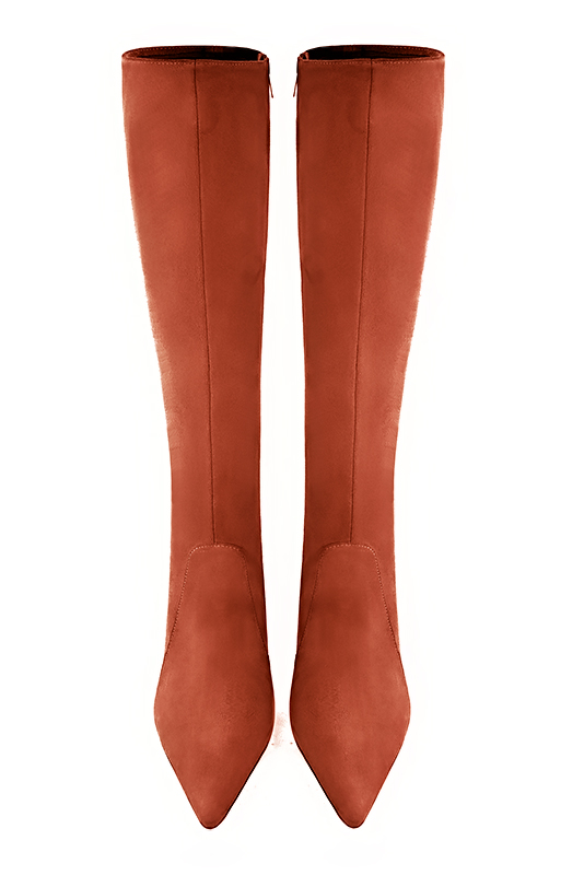 Terracotta orange women's feminine knee-high boots. Pointed toe. Very high spool heels. Made to measure. Top view - Florence KOOIJMAN
